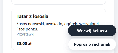 Widok wezwania i prośby o rachunek na telefonie gościa